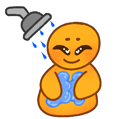  stylized drawing of a yellow person washing their body. in the top left corner is a shower head with water droplets flowing towards them.